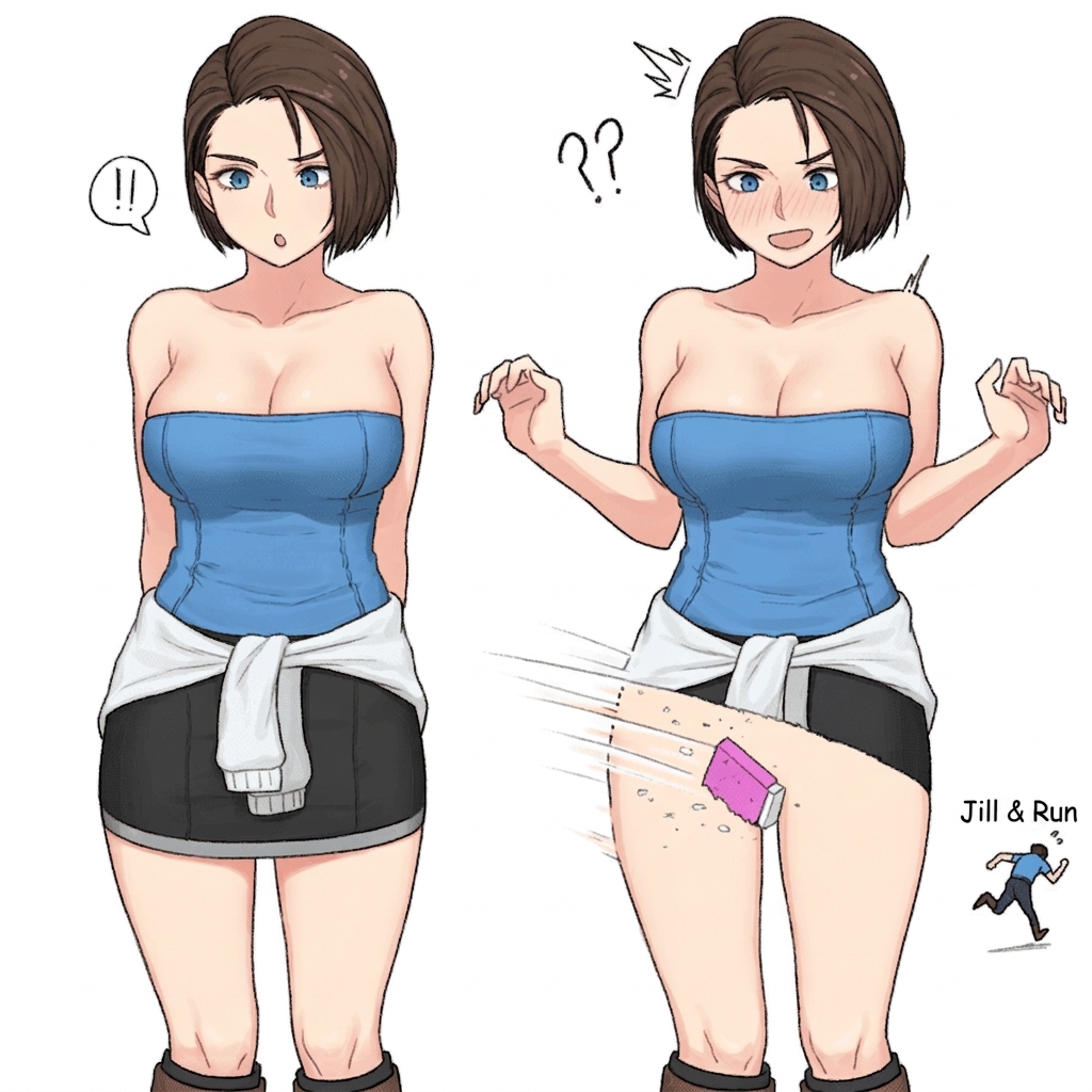 A comic illustration of Jill Valentine from Resident Evil looking surprised and blushing as someone uses an eraser to rub out part of her skirt and runs away.