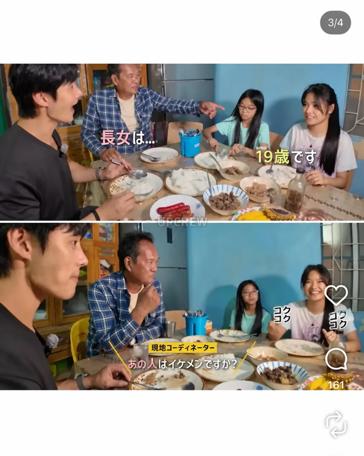 食卓を囲んで会話をする家族と男性の横顔、そして彼を見て頷く少女