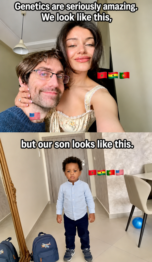 A meme image showing a selfie of a white couple at the top with text saying 'Genetics are really amazing, we look like this,' and a photo of a Black child at the bottom with text saying 'Our son looks like this.'