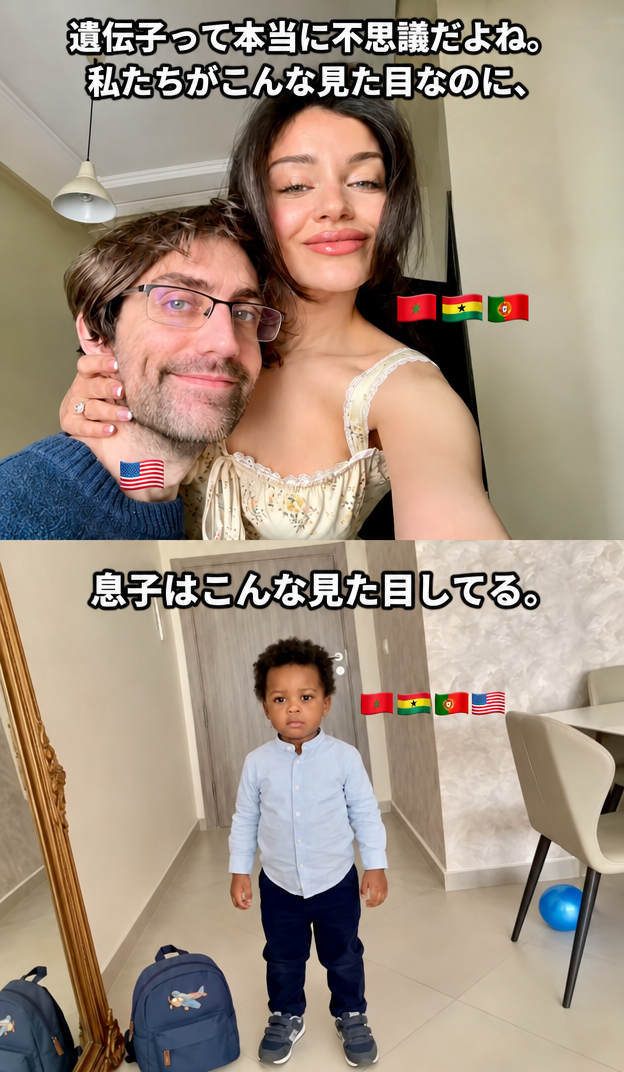 白人の夫婦の自撮り写真の上に「遺伝子って本当に不思議だよね、私たちがこうで」という文言があり、その下に黒人の子供の写真と共に「うちの息子はこうなんだ」という文言が書かれているミーム画像。