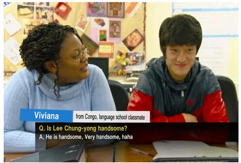 A television interview clip of Viviana, a colleague from Congo who sat next to Lee Chung-yong in a language school classroom, praising him for being handsome.