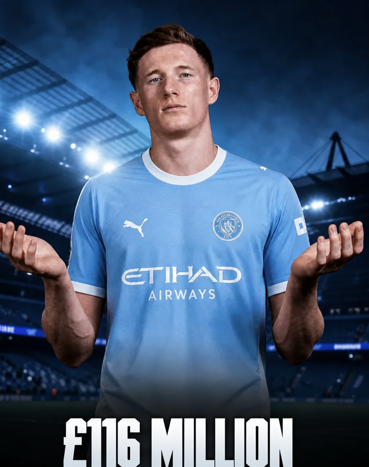 A composite photo of Elliot Anderson wearing a Manchester City jersey with the text '116 million pounds'
