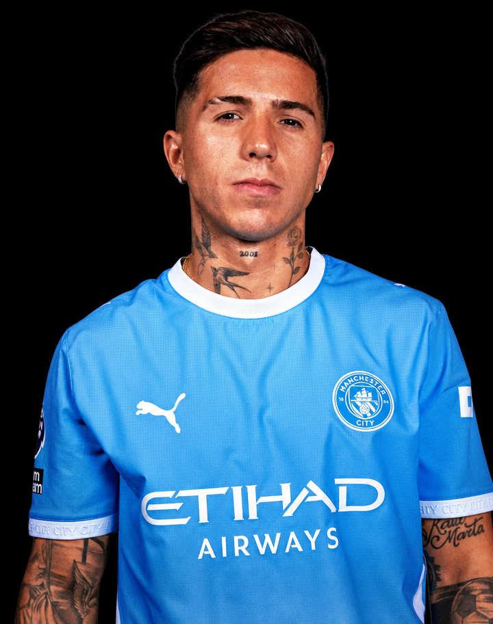 A composite photo of Enzo Fernandez looking straight ahead while wearing a Manchester City jersey