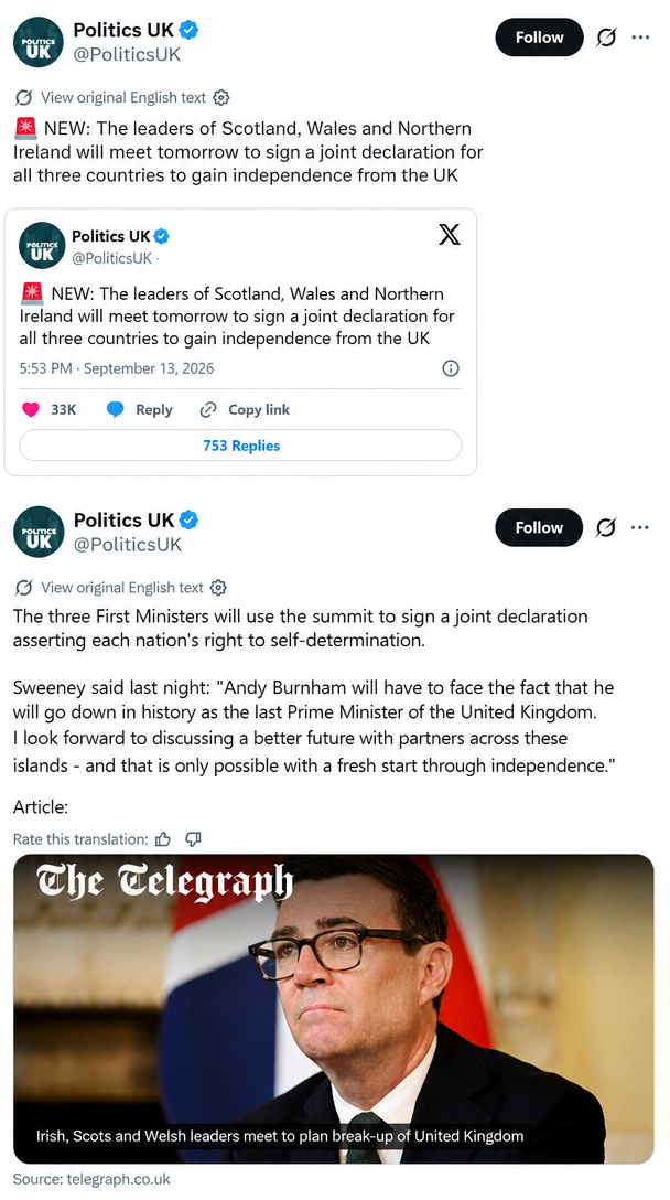 A fake future tweet screenshot claiming leaders of Scotland, Wales, and Northern Ireland in the UK are about to sign a joint declaration of independence