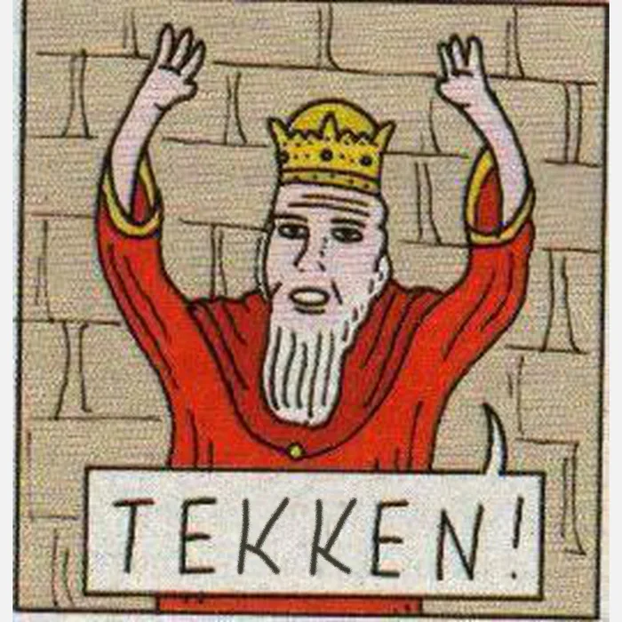 Comic panel showing a bearded king in a crown raising both hands and shouting 'TEKKEN!'