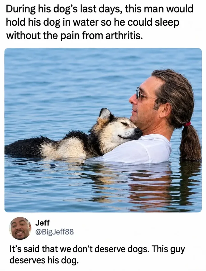 A man in sunglasses wading in a lake while gently holding an elderly sleeping dog afloat against his chest, with text describing his care and a comment saying he truly deserves his dog.