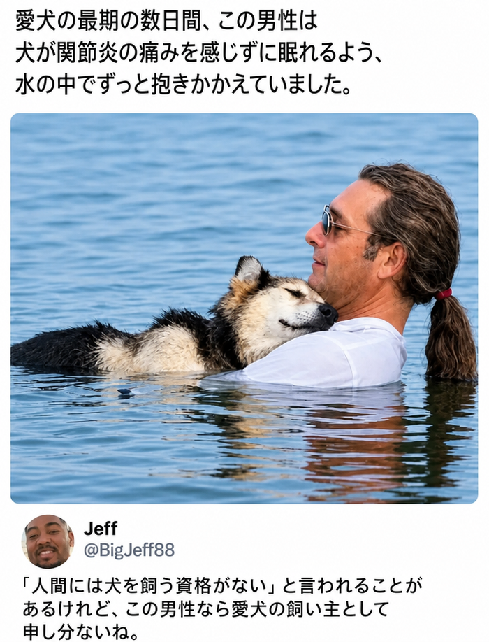 サングラスをかけた男性が湖に浸かり、眠っている老犬が浮かぶように胸に優しく抱きかかえている様子。男性のケアについての説明と、この男性こそが愛犬の飼い主にふさわしいというコメントが書かれている。