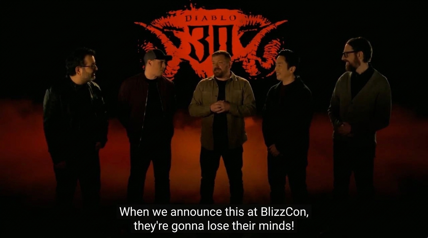 Blizzard Diablo developers smiling and talking in front of a DIABLO 30 logo on a dark background