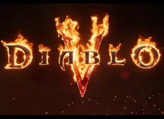 黒い背景の中で赤い炎に包まれて燃え上がるDIABLO Vのロゴ