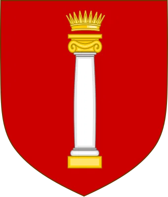 Coat of arms of the Colonna family depicting a white marble Ionic column surmounted by a golden crown on a red background