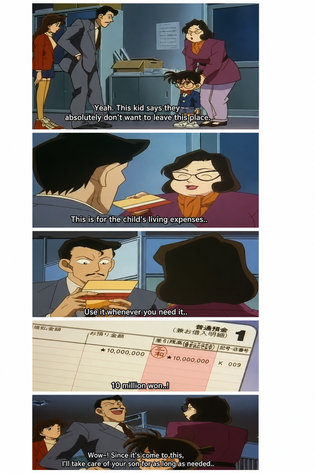 An anime scene from Detective Conan where Conan's mother, Yukiko Kudo, disguised, hands Kogoro Mouri a bankbook showing 10 million yen as child support, causing Kogoro to change his attitude and become overjoyed.