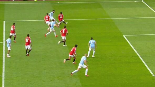 A full-screen view of the attacking play near the penalty box during the Manchester City vs. Manchester United match.