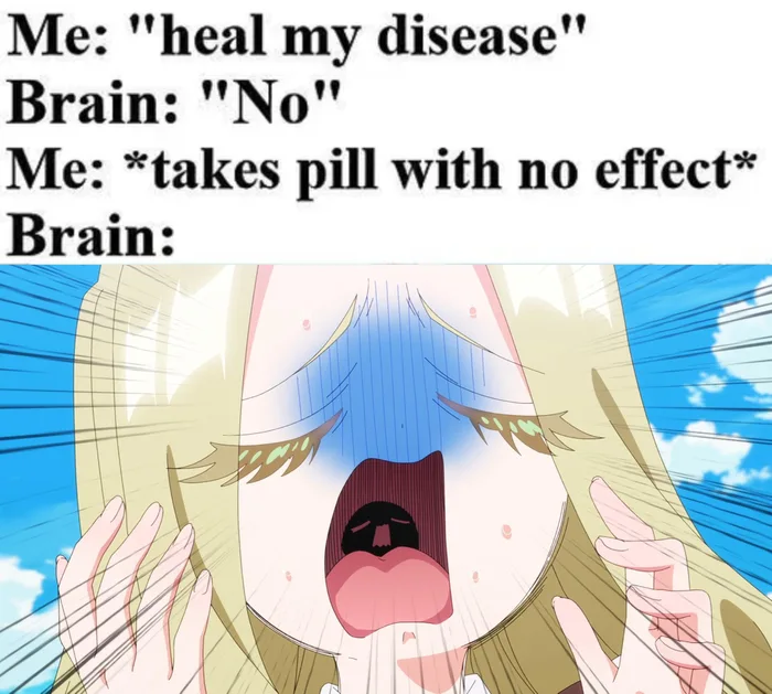 Meme showing text: 'Me: heal my disease, Brain: No, Me: takes pill with no effect, Brain:' followed by an anime character screaming in panic.