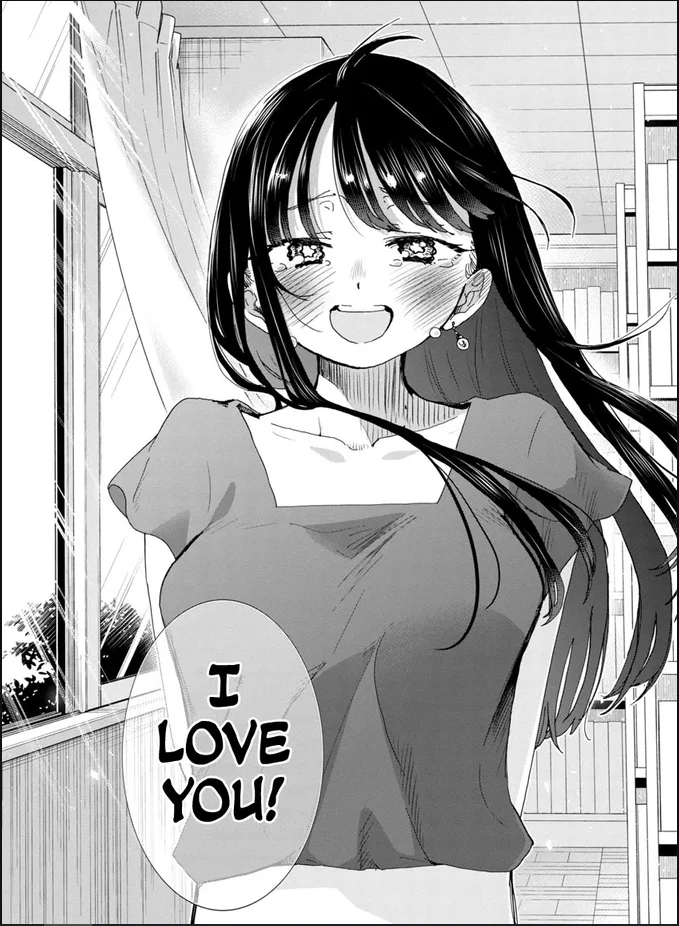 Manga panel showing a blushing girl with long dark hair crying tears of joy as a speech bubble proclaims 'I LOVE YOU!'.