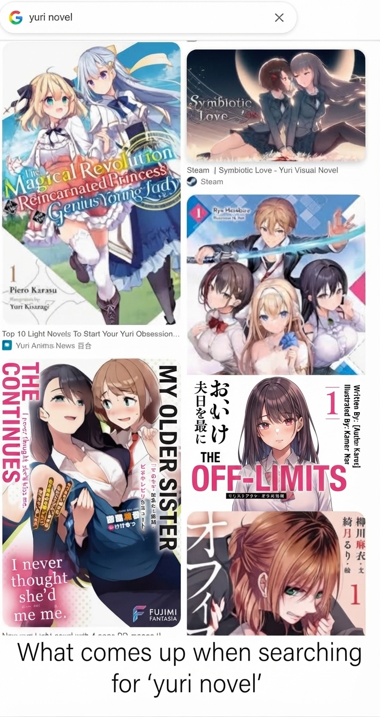 Various Japanese yuri light novel covers appearing in search results for 'yuri novel'