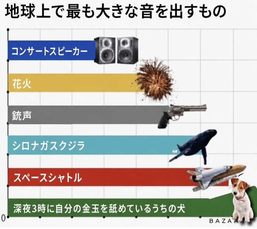 『地球上で最も大きな音を出すもの』というタイトルのチャートで、コンサートスピーカー、花火、銃声、シロナガスクジラ、スペースシャトル、そして一番上のレベルに「深夜3時に自分の金玉を舐めているうちの犬」の騒音レベルを比較している。