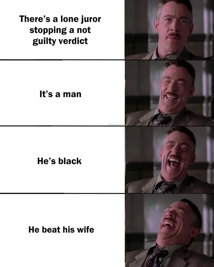 A four-panel meme using J. Jonah Jameson laughing with increasing intensity alongside captions revealing details about a lone holdout juror.