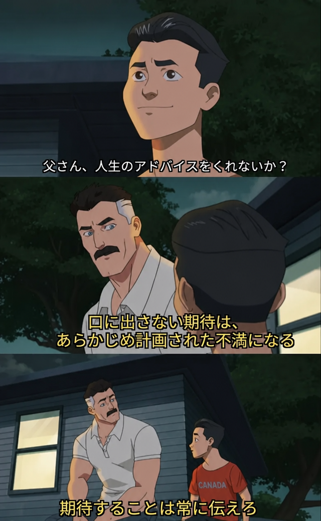 オムニマンとインビンシブルが屋上で会話をしており、期待とコミュニケーションに関するアドバイスをしているミーム形式