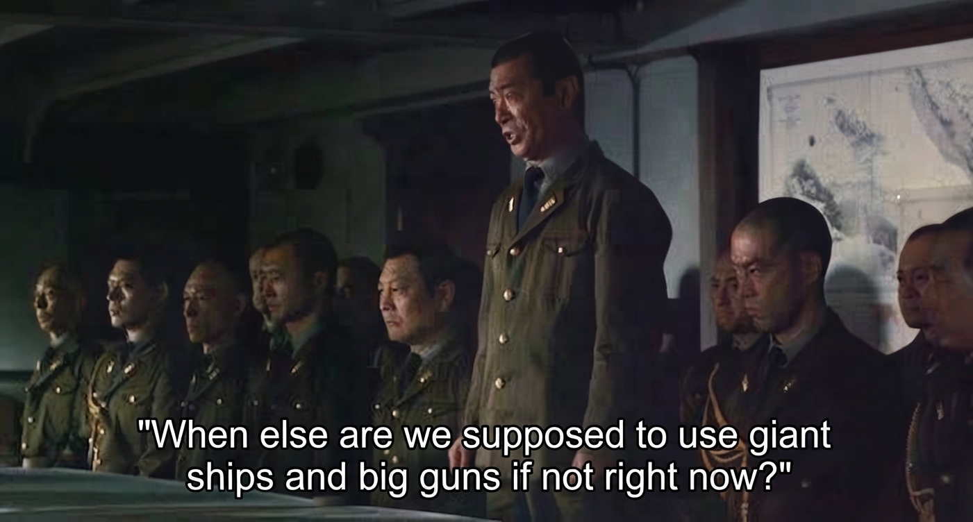 Screenshot of a movie scene in a meeting room filled with officers in Imperial Japanese military uniforms, accompanied by a subtitle asking when else giant ships and huge cannons would be used if not now.