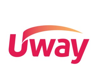 The English logo of Uway featuring red and orange curved designs.