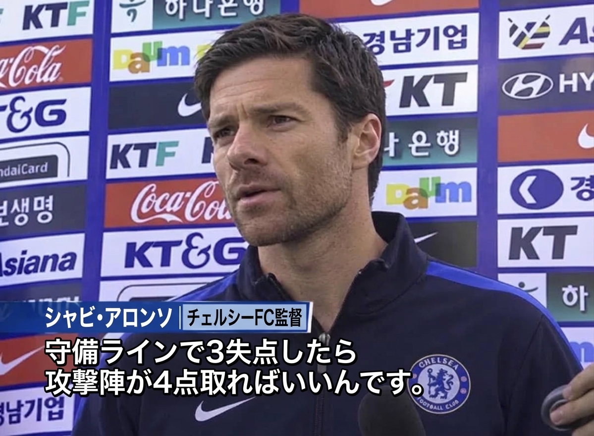 ボンフレール監督のインタビュー字幕と合成されたシャビ・アロンソのチェルシー監督架空インタビュー場面。