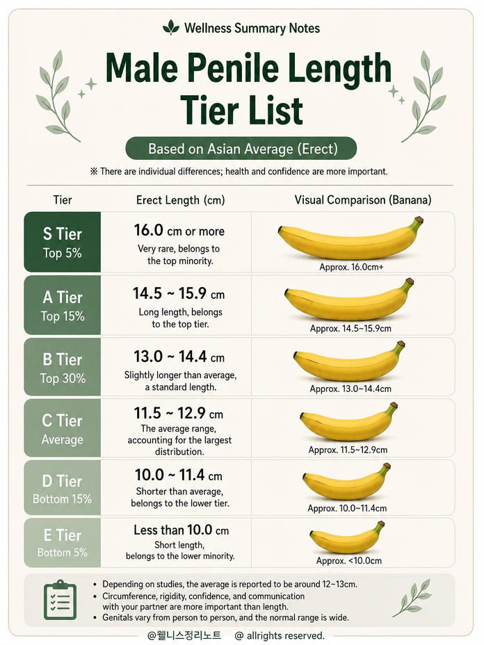 Infographic showing a tier list comparing average Asian male erect penile length to banana sizes.