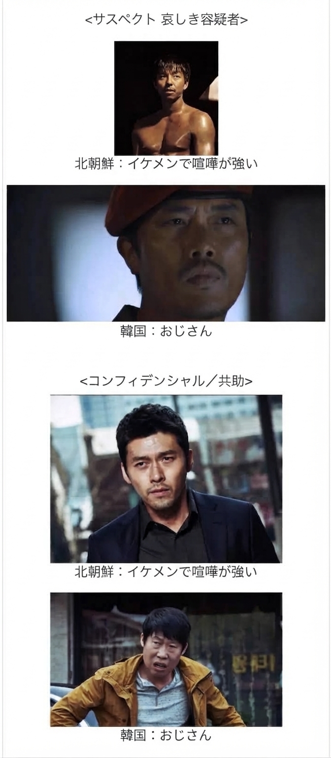 映画『サスペクト 哀しき容疑者』と『コンフィデンシャル／共助』において、北朝鮮キャラクターをイケメンで腕っぷしの強いコン・ユやヒョンビン、韓国キャラクターをおじさん枠のパク・ヒスンやユ・ヘジンとして対比したキャプチャ