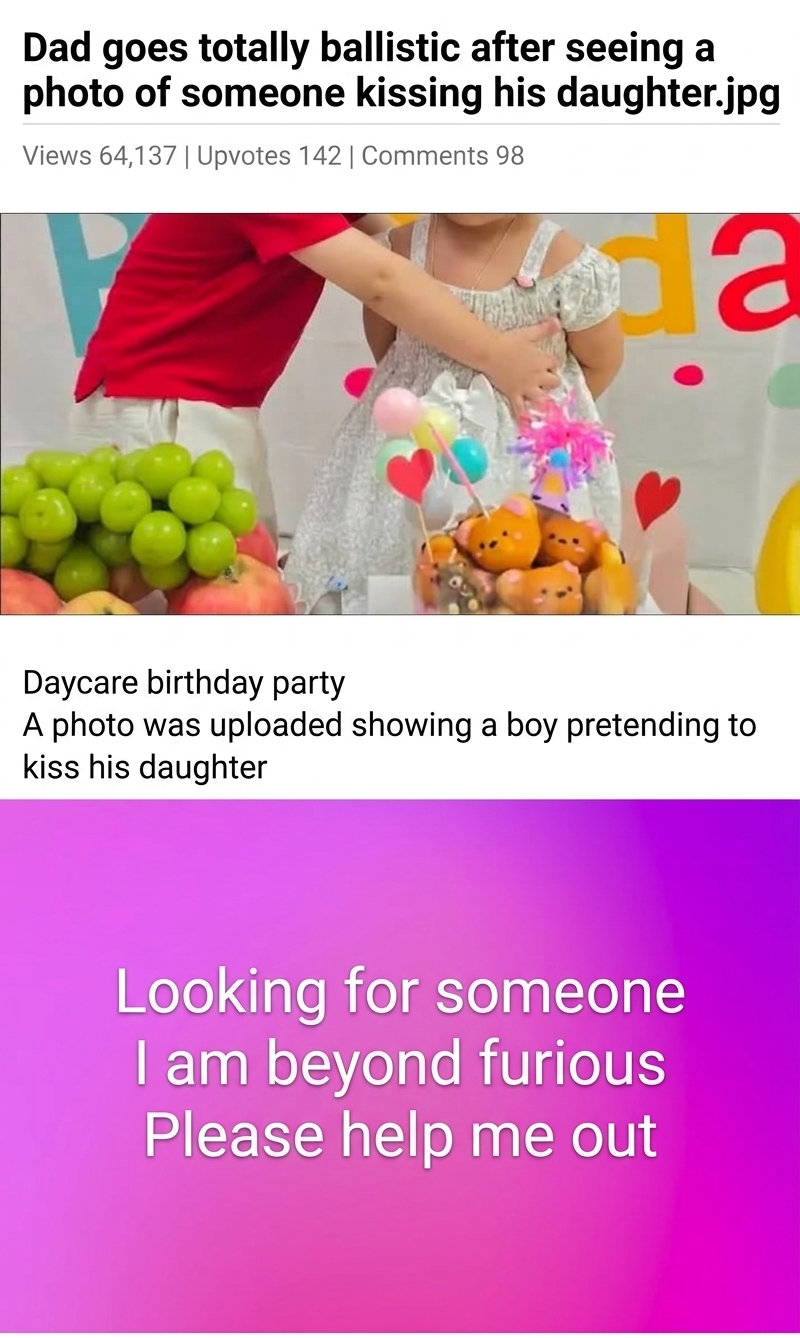 Screenshot of a social media post showing a boy pretending to kiss a daughter at a daycare birthday party, accompanied by text expressing extreme rage and asking to find the kid.