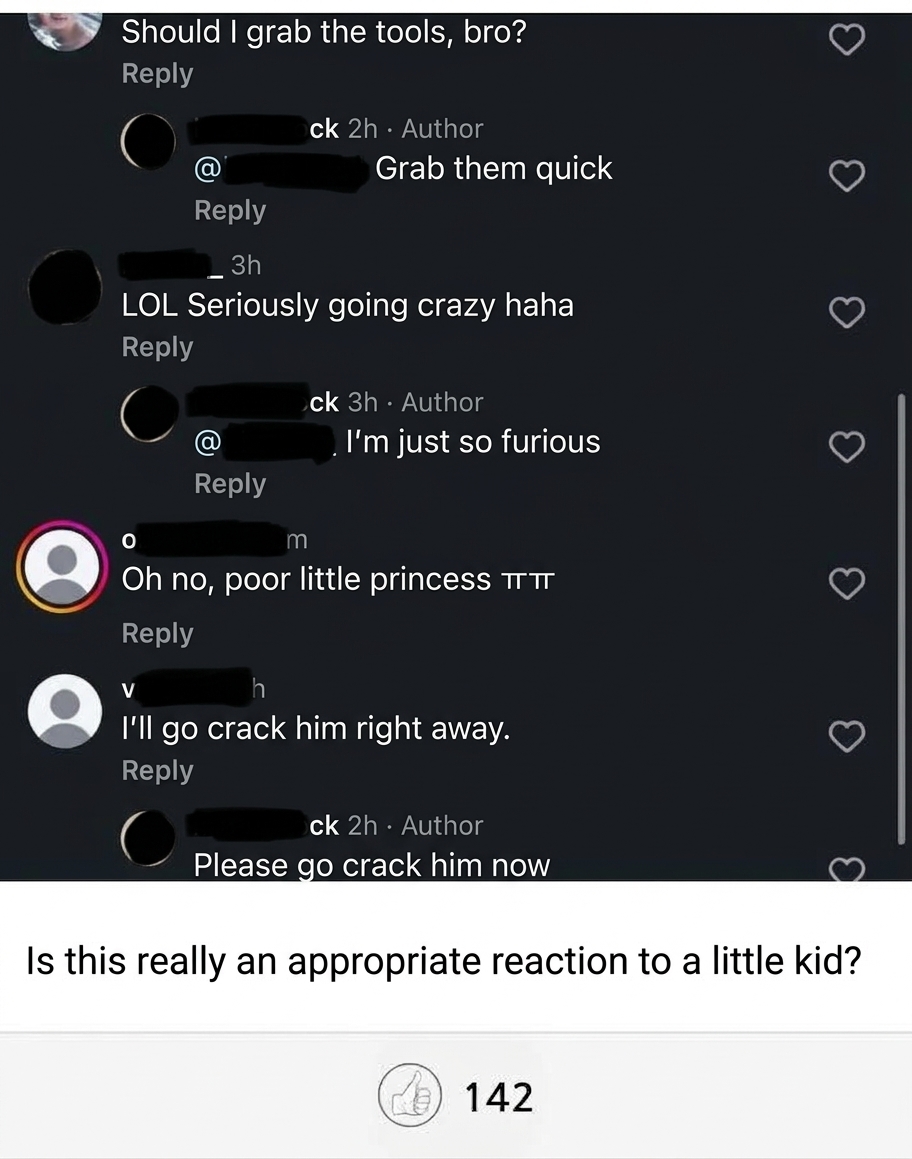 Screenshot of social media comments where acquaintances play along and the father vents his intense anger in an aggressive manner.