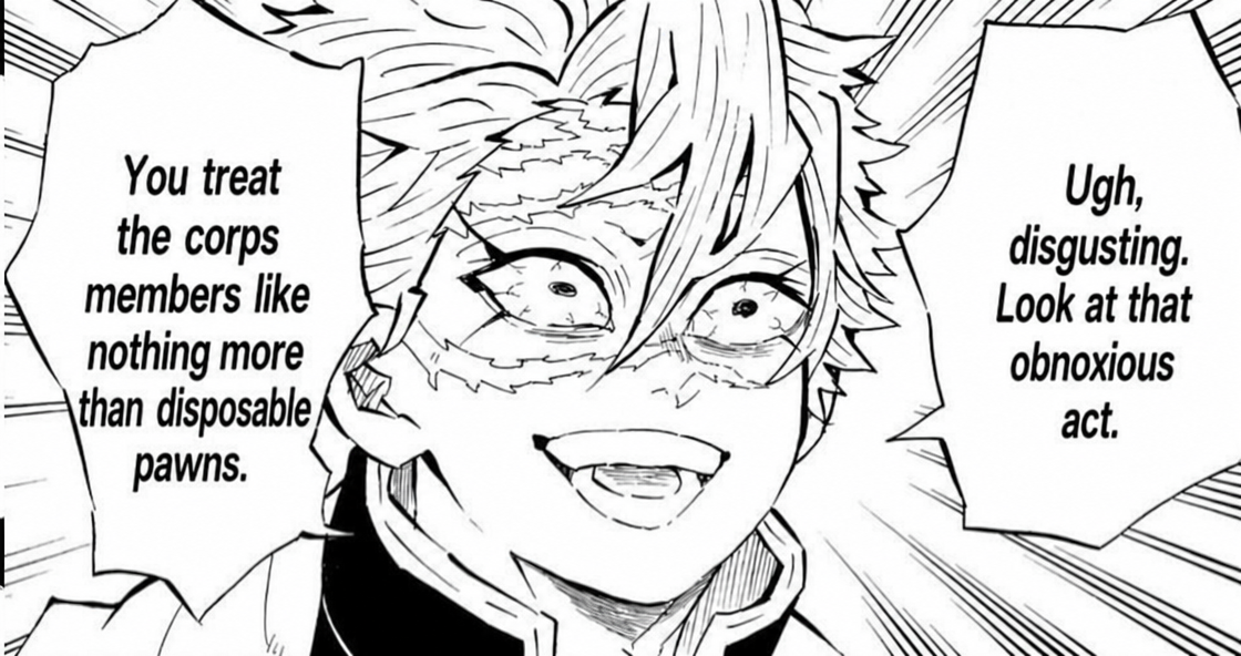 A panel from the manga Demon Slayer showing Sanemi Shinazugawa with an awkwardly phrased Korean translation in his speech bubble.