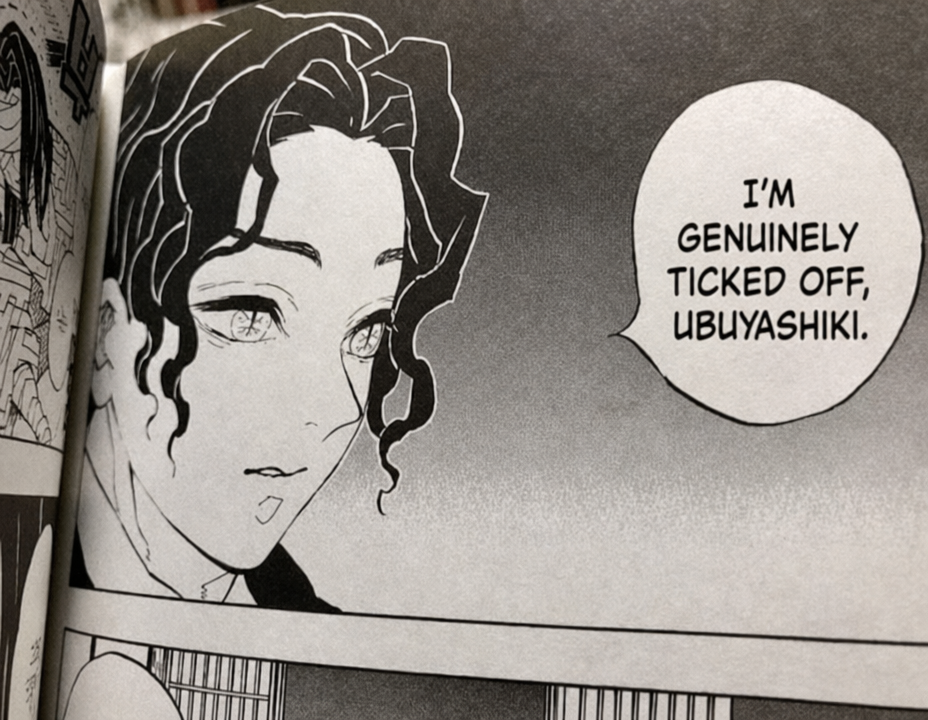 A panel from the manga Demon Slayer showing Muzan Kibutsuji saying an awkwardly translated Korean phrase meaning 'I'm genuinely ticked off, Ubuyashiki.'