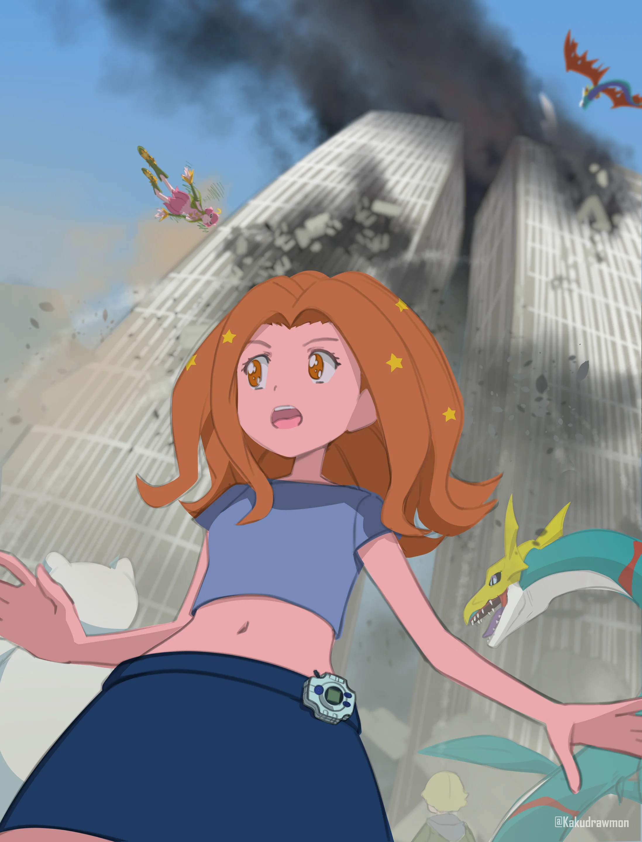 Fan art of Mimi with a shocked expression, set against the backdrop of the World Trade Center during the 9/11 attacks
