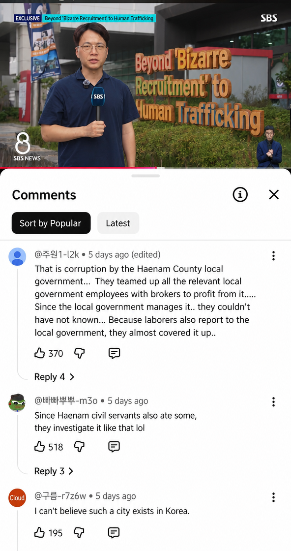Screenshot of SBS 8 News field report from Haenam and YouTube comments.