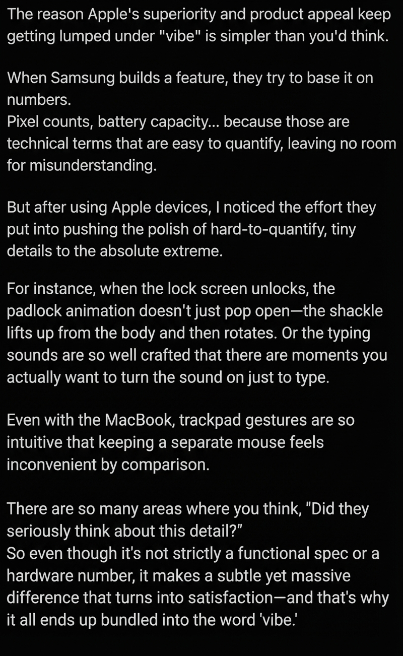 Screenshot of a tweet analyzing the non-quantifiable polish and user satisfaction of Apple products