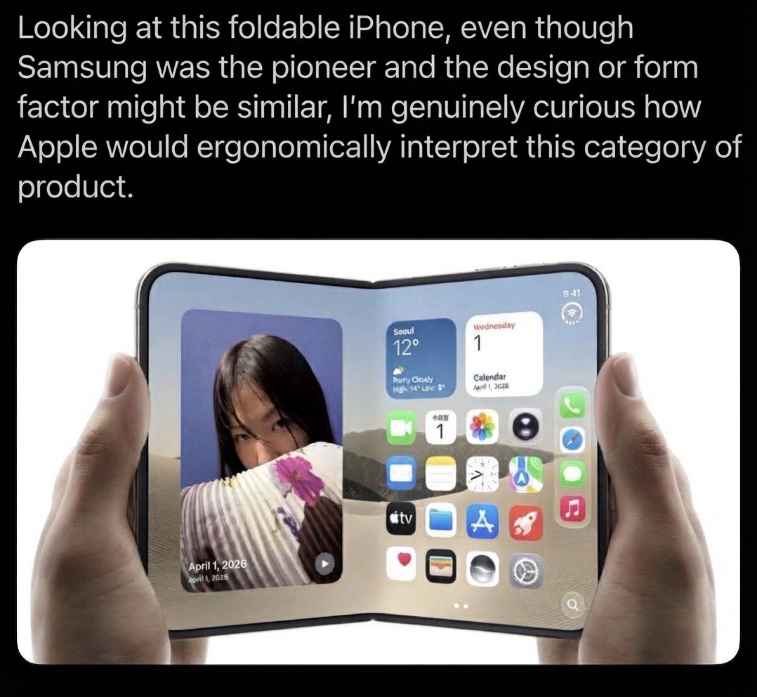 Screenshot of a tweet alongside a concept render of a foldable iPhone