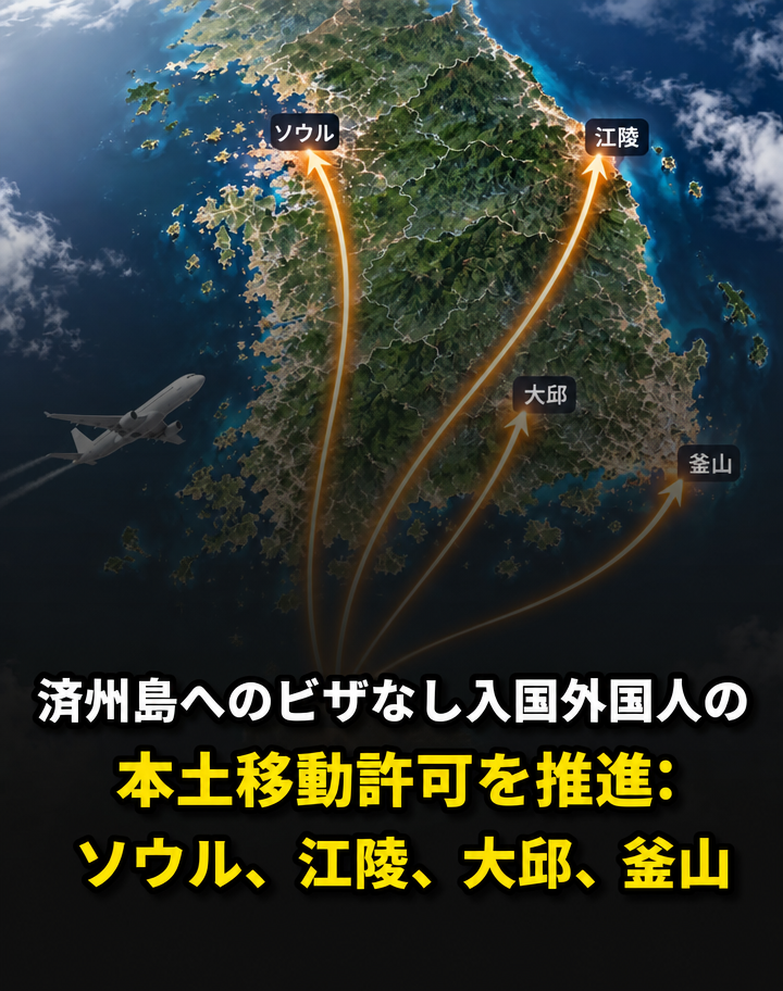 韓半島地図の上に済州からソウル、江陵、大邱、釜山へ伸びる移動ルートの矢印とともに「済州ノービザ入国外国人の陸地移動許可を推進」という文句が書かれた画像