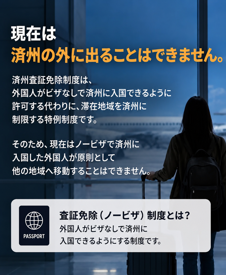 空港ターミナルの窓の外の飛行機を眺めている旅行者の後ろ姿とともに、済州査証免除制度の現行の制限事項を説明するカードニュース画像