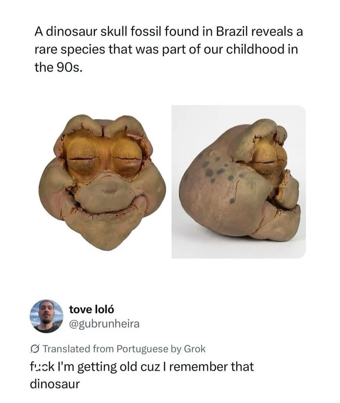 A meme featuring photos of what looks like a deteriorated puppet head of Baby Sinclair from the 90s TV show Dinosaurs, paired with text jokingly claiming it is a dinosaur fossil found in Brazil, and a social media reply saying they are getting old because they remember that dinosaur.