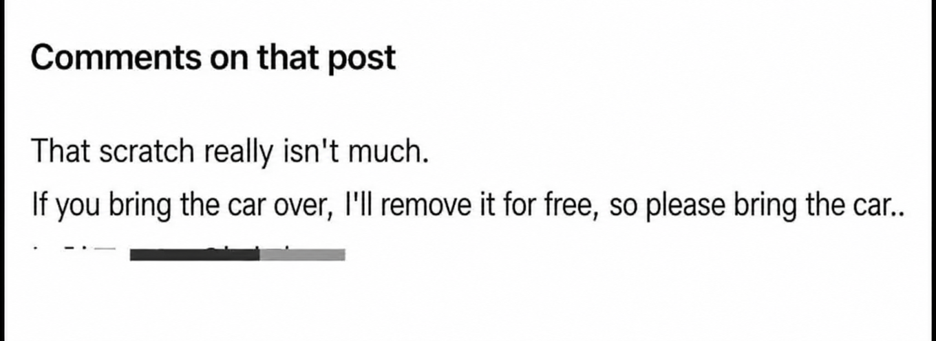 Screenshot of a comment offering to buff out the car scratch for free after seeing the story.
