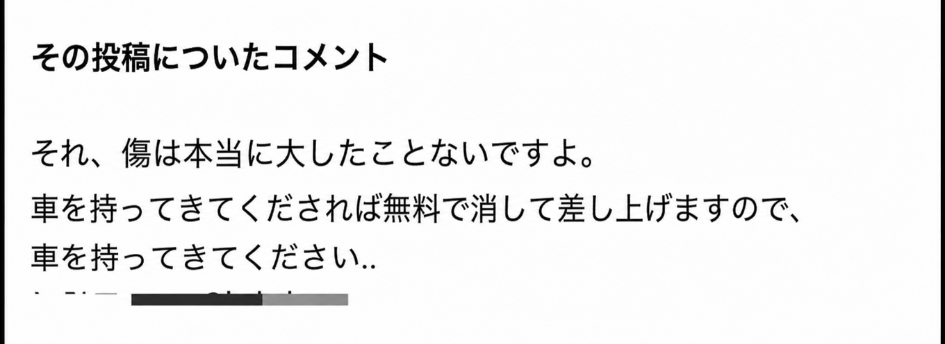 そのエピソードを見て、車を持ってきてくれたら無料で傷を消してあげると提案したコメントのスクリーンショット。