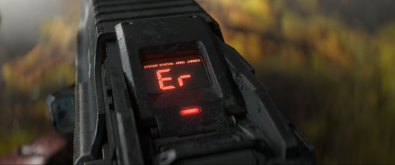 Close-up of the marine's rifle display showing 'SYSTEM STATUS: AMMO JAMMED' and an 'Er' error message in red.