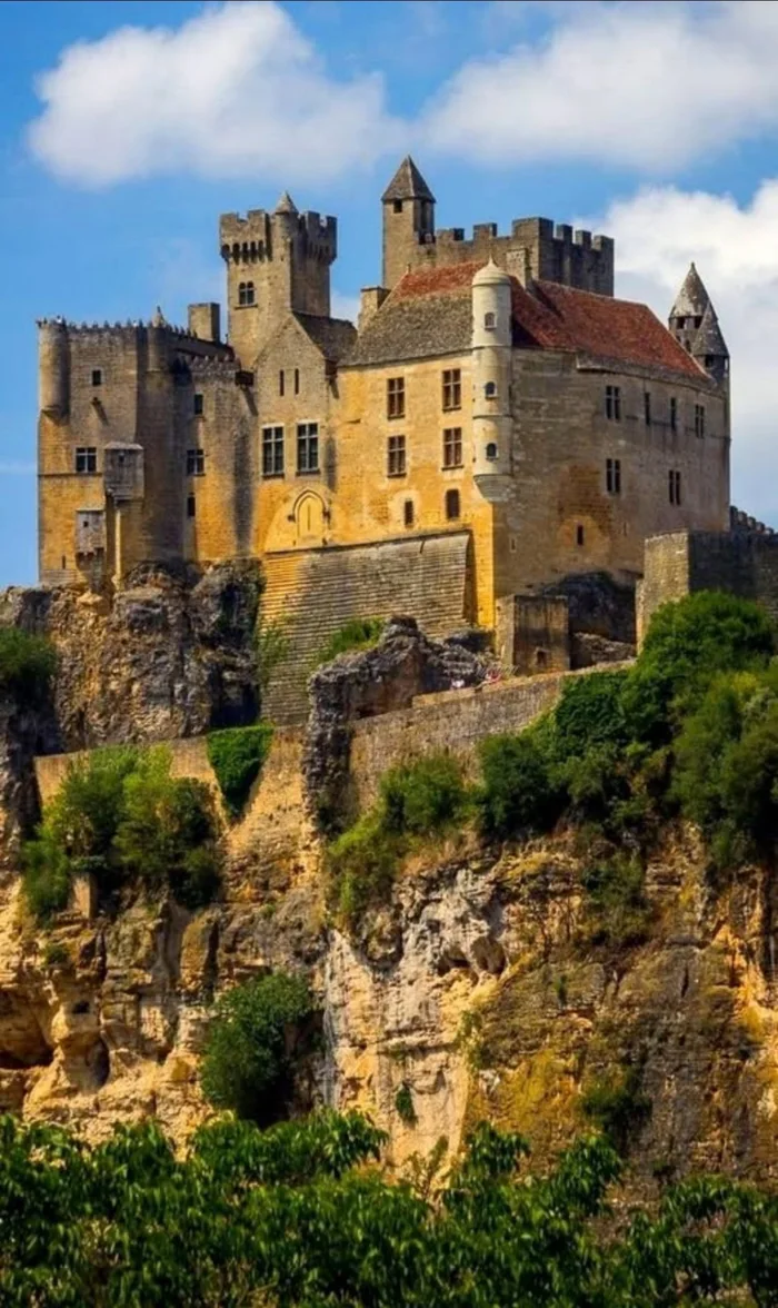 A medieval stone castle perched atop a sheer limestone cliff against a bright blue sky.