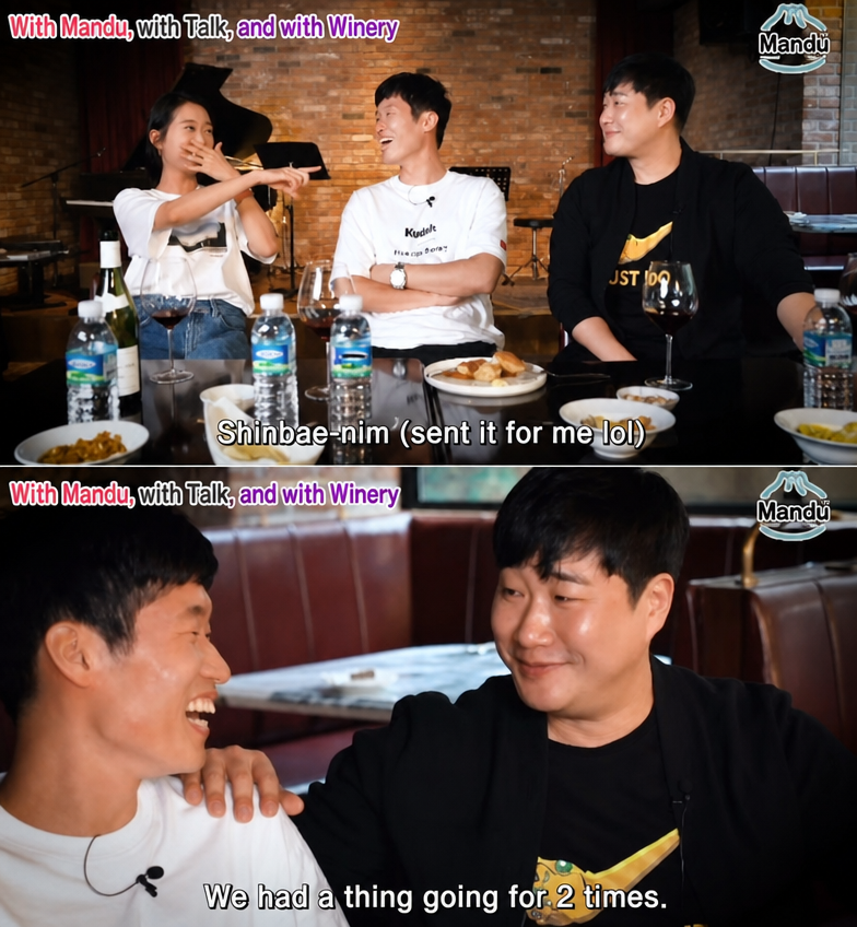 A screenshot of a TV broadcast where Park Ji-sung, Kim Min-ji, and Bae Sung-jae are talking, laughing as they reminisce about how Bae Sung-jae sent text messages on their behalf for two years.