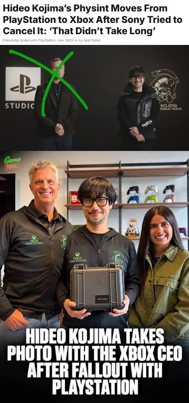 A two-panel meme depicting Hideo Kojima moving on from PlayStation to Xbox, posing with Xbox leadership.
