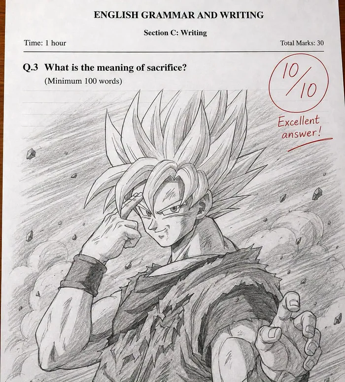 An English exam paper asking 'What is the meaning of sacrifice? (Minimum 100 words)' answered with a detailed pencil sketch of Goku preparing to teleport Cell away, graded 10/10 with 'Excellent answer!'