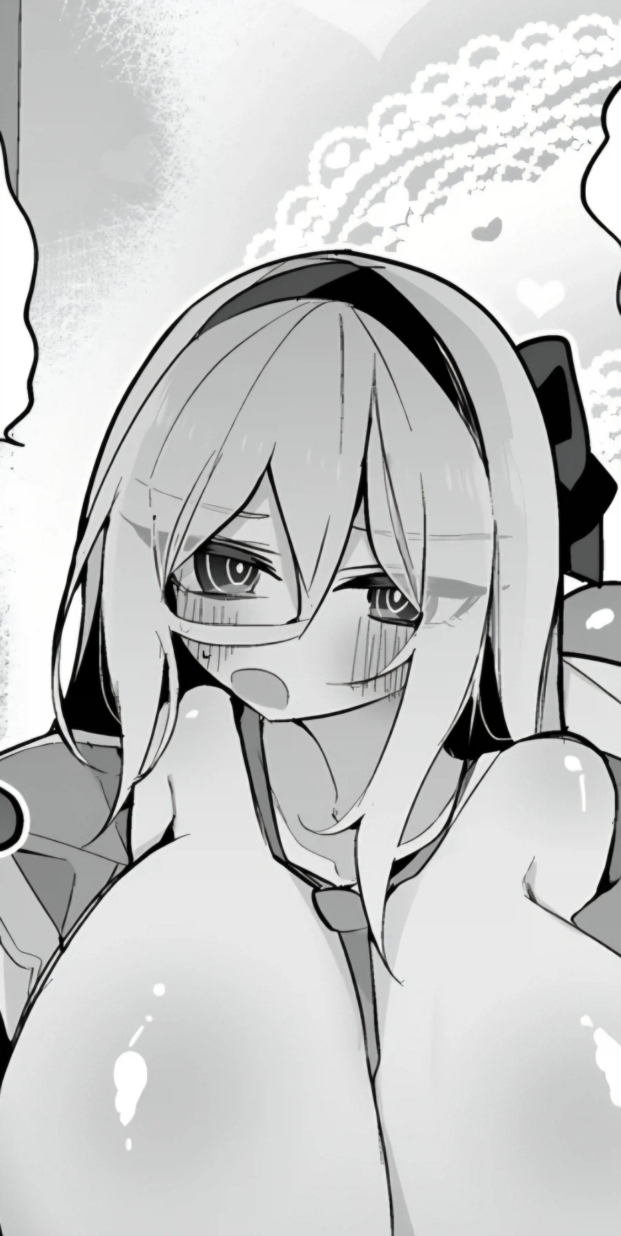 A black-and-white manga-style illustration of Kei from Blue Archive blushing.