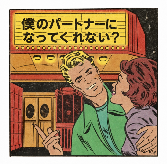 映画館の看板に「SHIT SHOW」と書かれた前で、男性が女性に肩を回し「僕のパートナーになってくれない？」と尋ねているヴィンテージ風コミックのイラスト。
