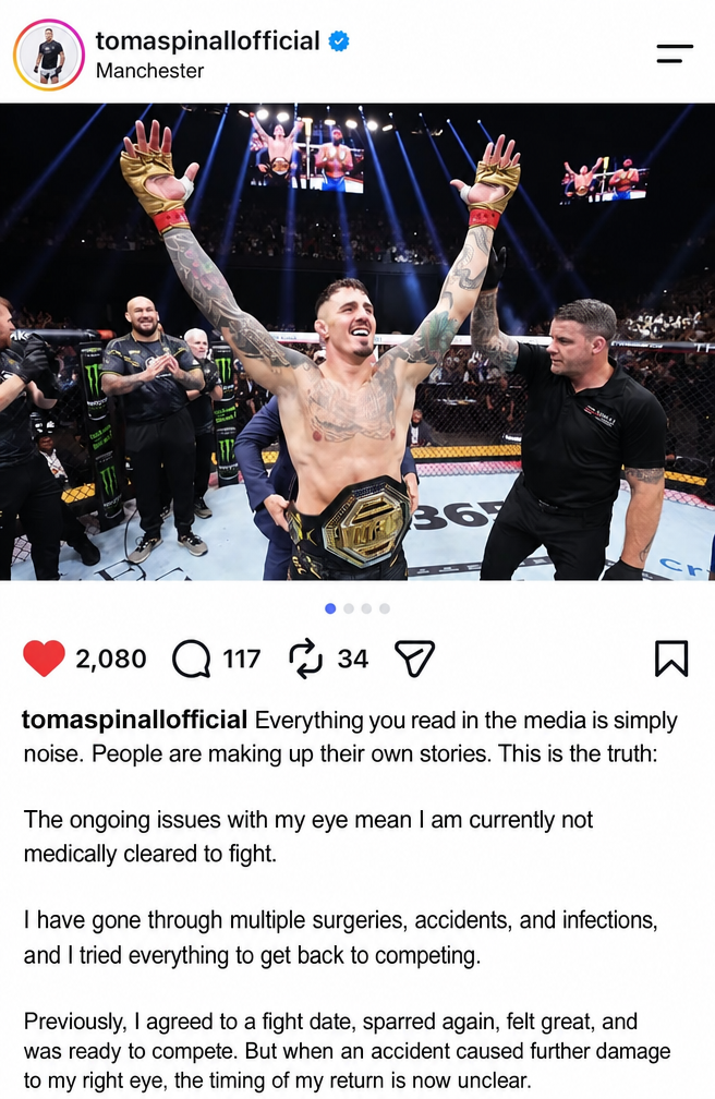 Screenshot of UFC Heavyweight Champion Tom Aspinall's Instagram post, part 1.