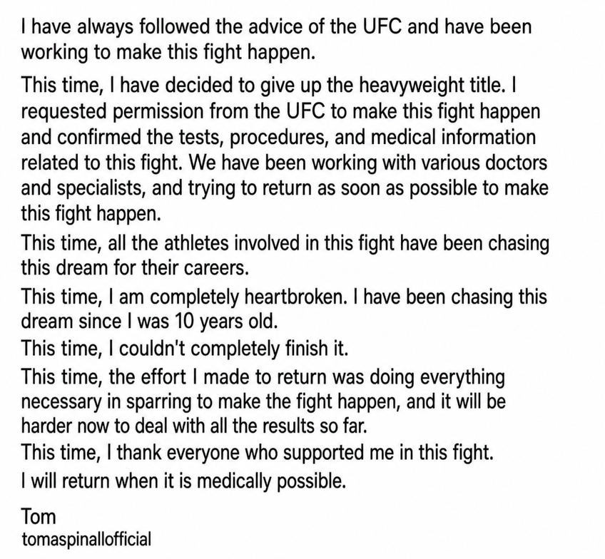 Screenshot of the full text of Tom Aspinall's Instagram post regarding title vacation.
