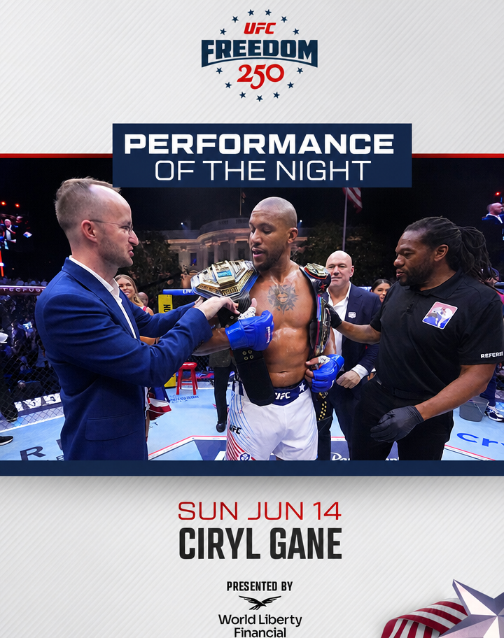 Official UFC graphic of Ciryl Gane wearing the championship belt.